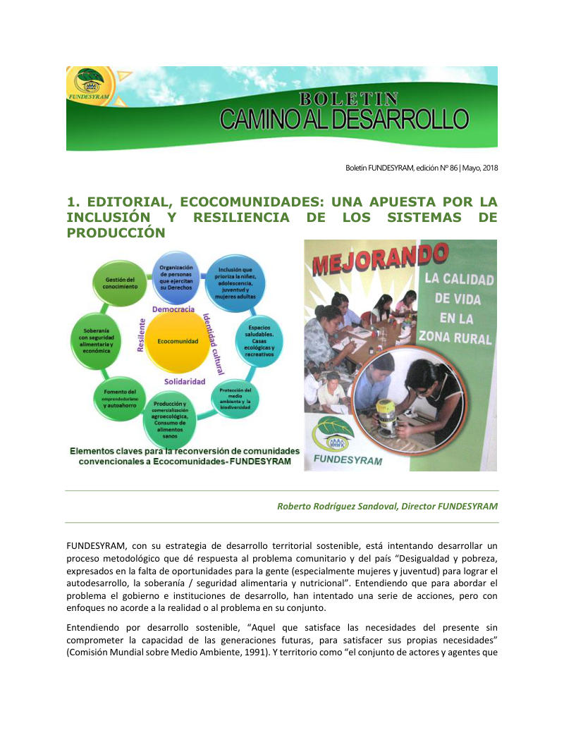 Portada de Ecocomunidades una apuesta por la inclusión y resiliencia de los sistemas de producción, mayo 2018