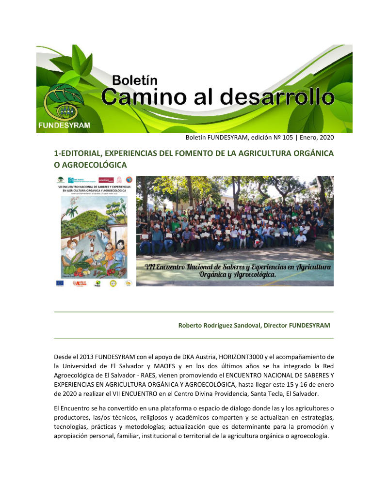 Portada de Experiencias del fomento de la agricultura orgánica o agroecológica, enero 2020