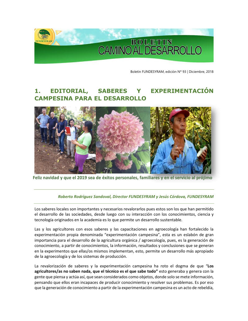 Portada de Experimentación campesina y la gestión del conocimiento, diciembre 2018