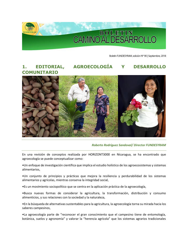 Portada de Extensión comunitaria para el desarrollo de la agroecología como alternativa de producción y educación ambiental, septiembre 2018