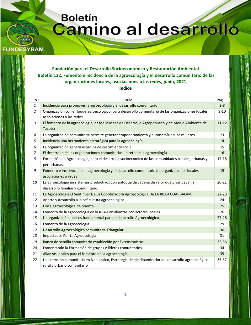 Portada de Fomento e incidencia de la agroecología y el desarrollo comunitario, junio, 2021