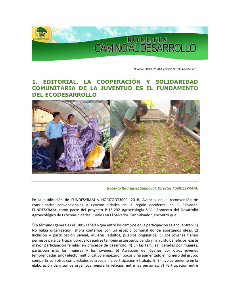 Portada de La cooperación y solidaridad comunitaria de la juventud, fundamento del ecodesarrollo, agosto 2018