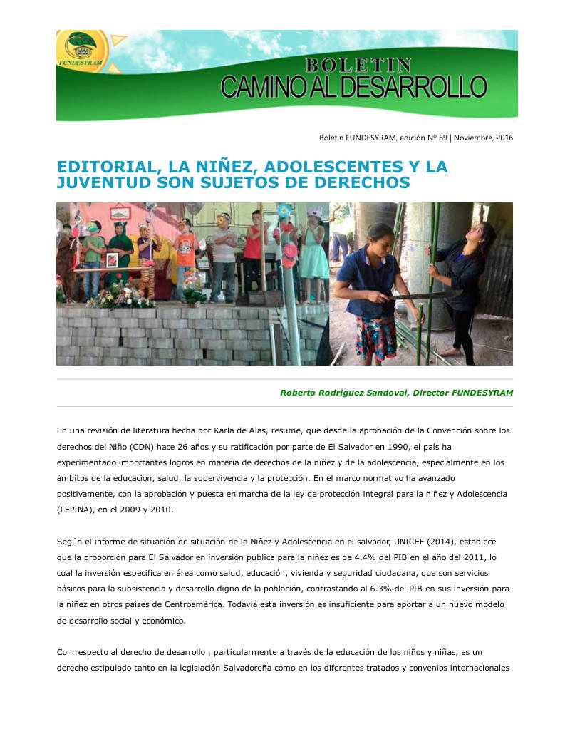 Portada de La niñez, adolescencia, juventud y género en el desarrollo de las Ecocomunidades, noviembre 2016