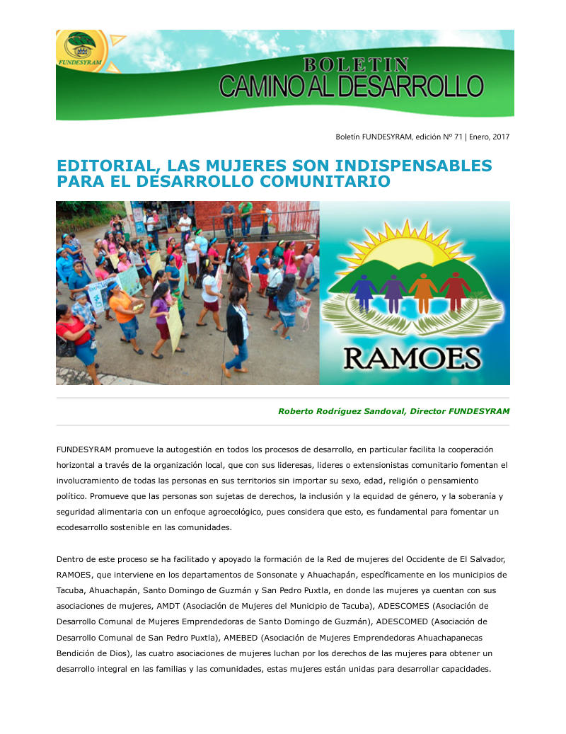 Portada de Las mujeres son indispensables para el desarrollo comunitario, enero 2017