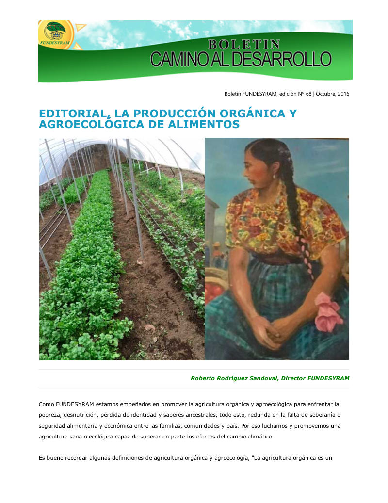 Portada de Mejoras en los ingresos de las familias por medio de producción y comercialización de insumos y productos orgánicos, octubre 2016