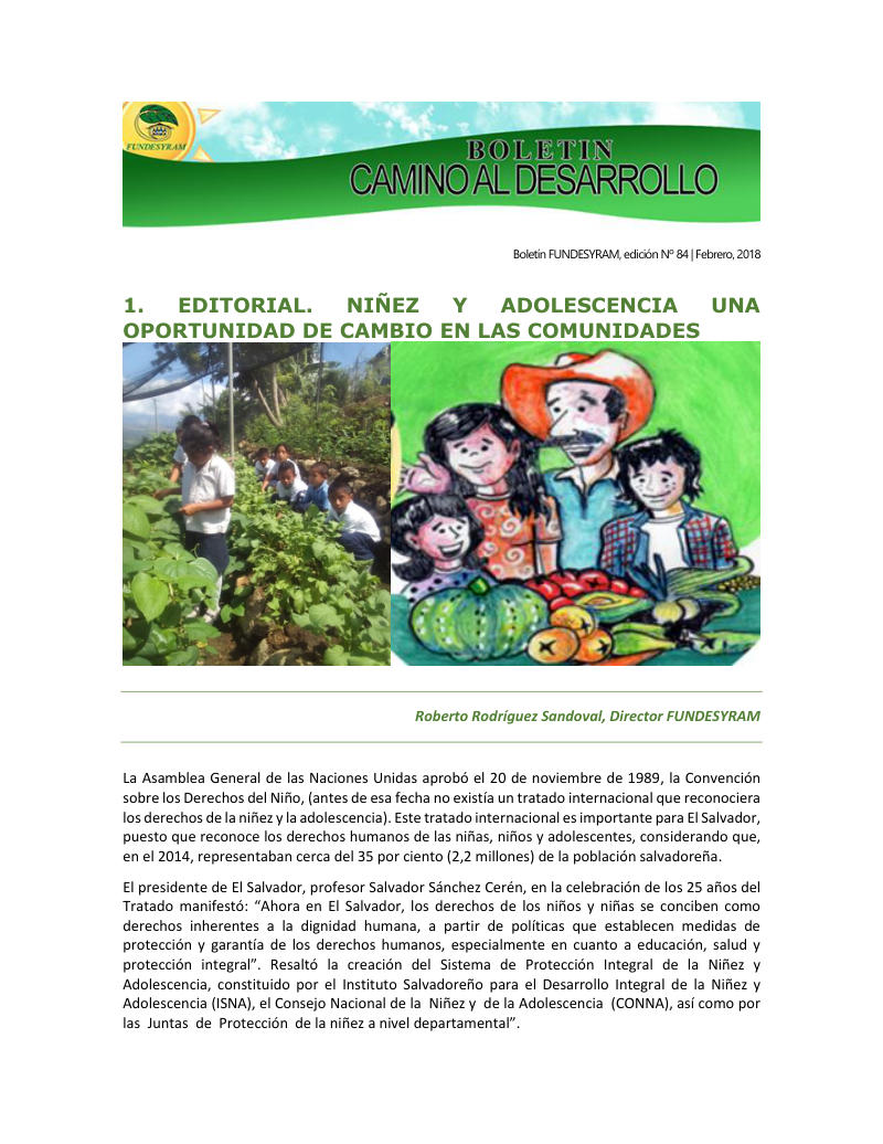 Portada de Niñez y adolescencia una oportunidad de cambio en las comunidades, desde la perspectiva de desarrollo rural, febrero 2018