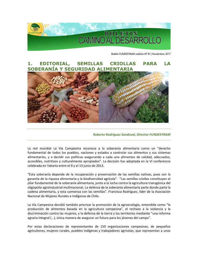 Portada de Resultados relevantes usando semillas criollas y acriolladas, en fincas o parcelas con producción orgánica, noviembre 2017