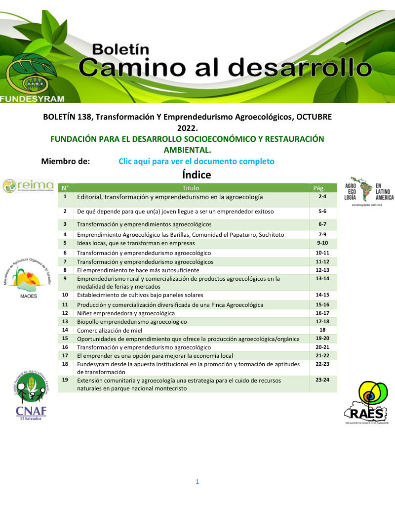 Portada de Transformación y emprendedurismo agroecológicos, octubre 2022
