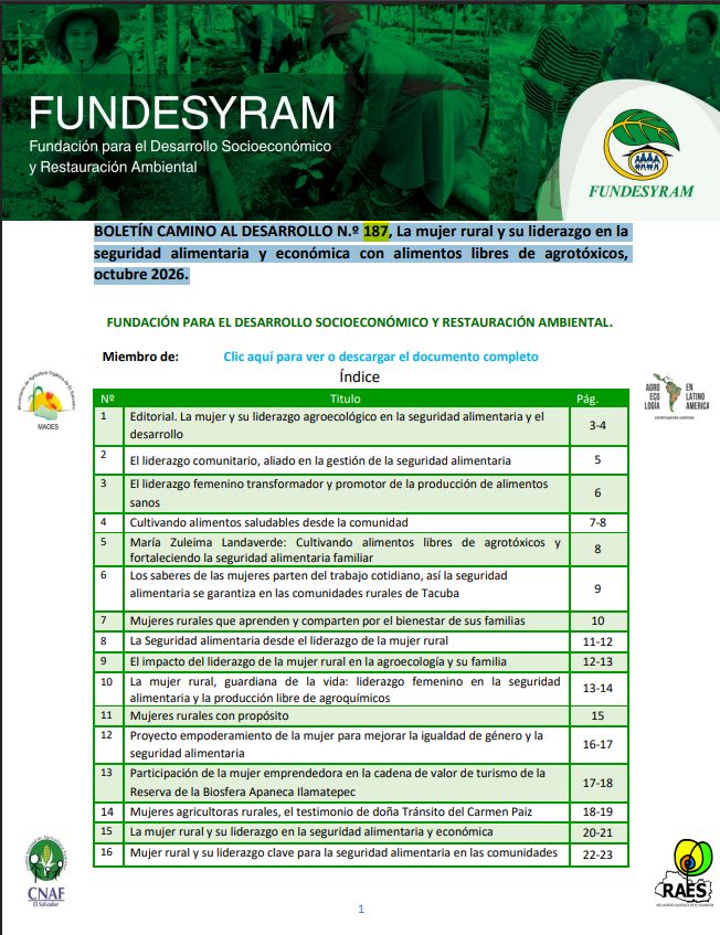 Portada de BOLETÍN N.º 187, La mujer rural y su liderazgo en la seguridad alimentaria y económica con alimentos libres de agrotóxicos